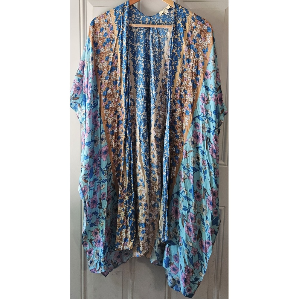 KORI America Floral Kimono Womens Small Blue Boho Open Front Rayon Duster